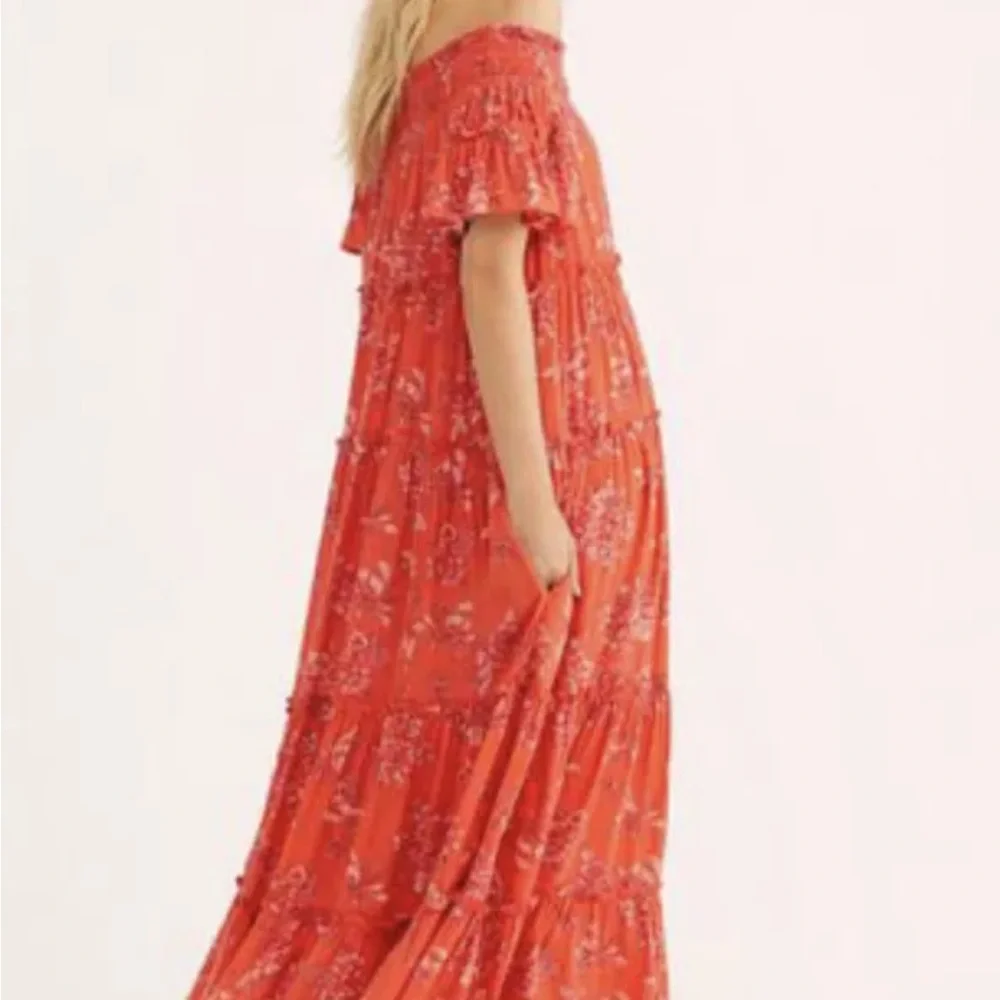 Free People Barclay Dress Maxi Off The Shoulder Floral Ruffle Orange Red